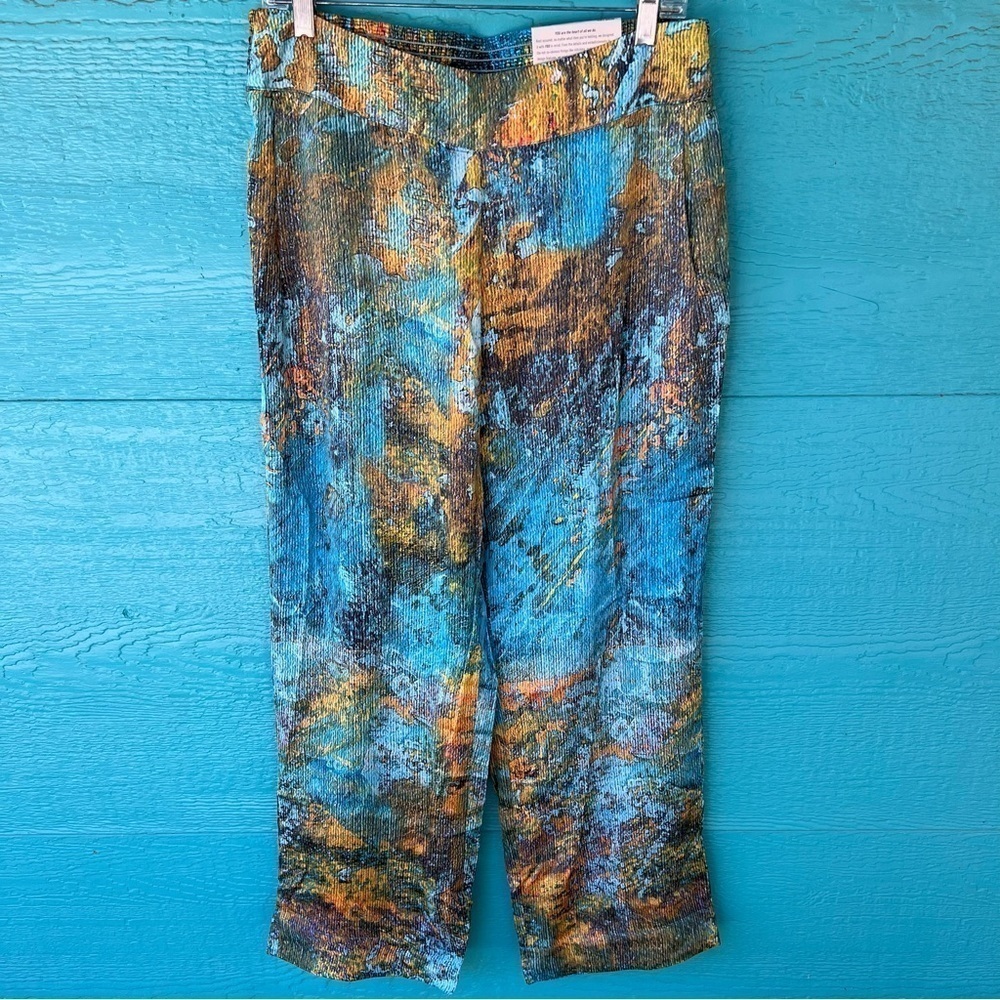 SOFT SURROUNDINGS BEACHY SILKY WIDE LEG OCEAN PRINT PANTS SIZE MEDIUM NWT